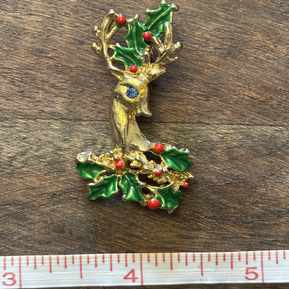 Faux Enamel Reindeer Holly Christmas Brooch Gold Tone